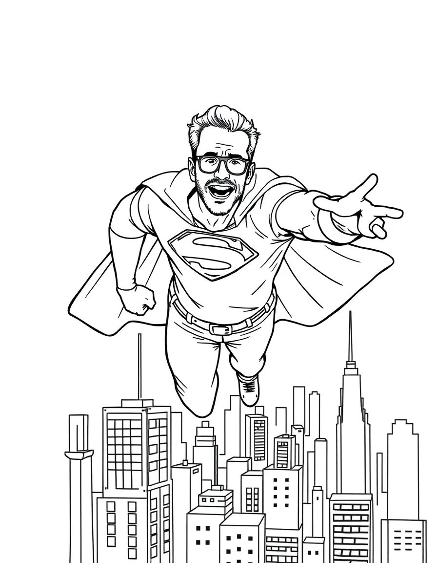 Ryan Reynolds wearing a superhero cape and flying over a cityscape – a fun and kid-friendly coloring page.