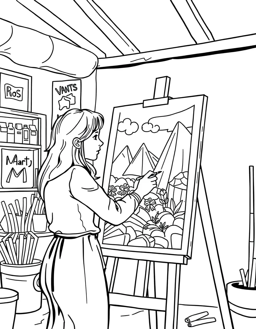 Greta Thunberg painting a picture at an art studio – a fun and kid-friendly coloring page.