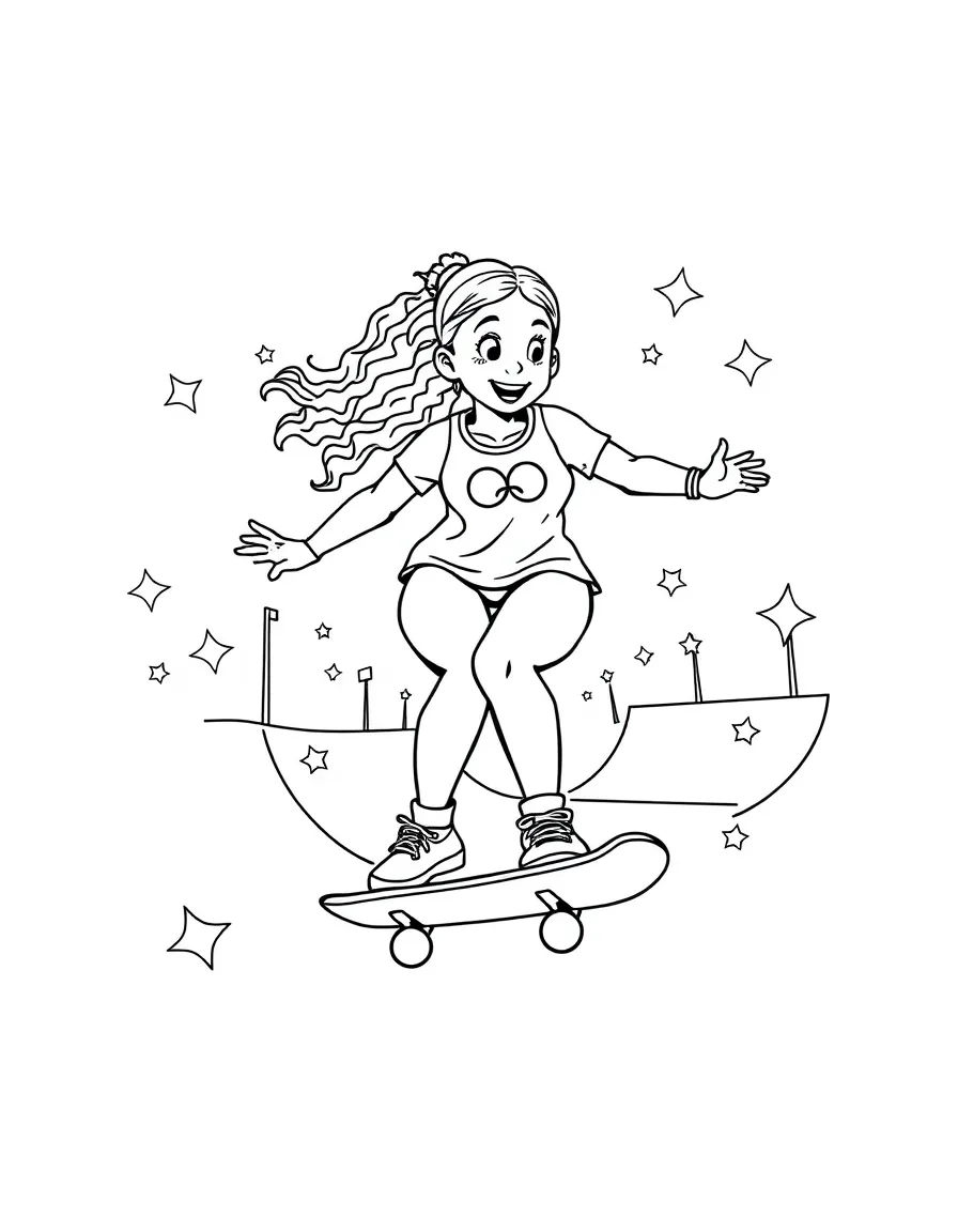 Simone Biles skateboarding at a skate park with stars and swirls around – a fun and kid-friendly coloring page.