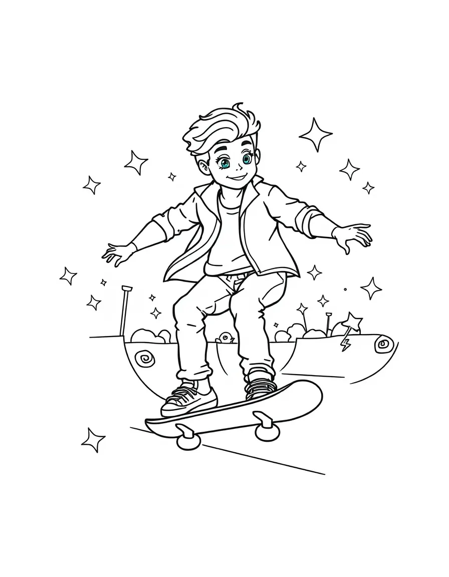 Harry Styles skateboarding at a skate park with stars and swirls around – a fun and kid-friendly coloring page.