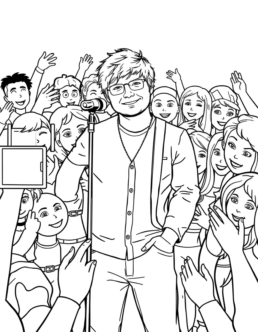 Ed Sheeran posing with cartoon versions of their fans – a fun and kid-friendly coloring page.