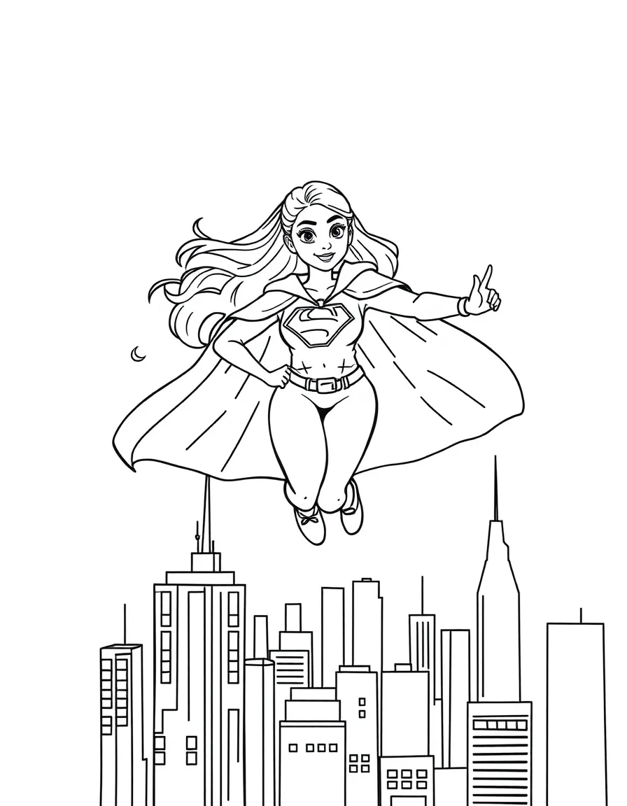 Ariana Grande wearing a superhero cape and flying over a cityscape – a fun and kid-friendly coloring page.