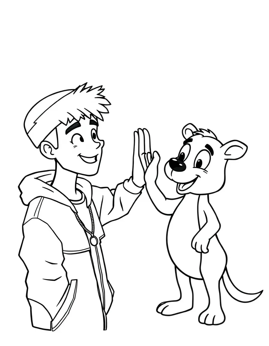 Justin Bieber giving a high five to a cartoon animal friend – a fun and kid-friendly coloring page.