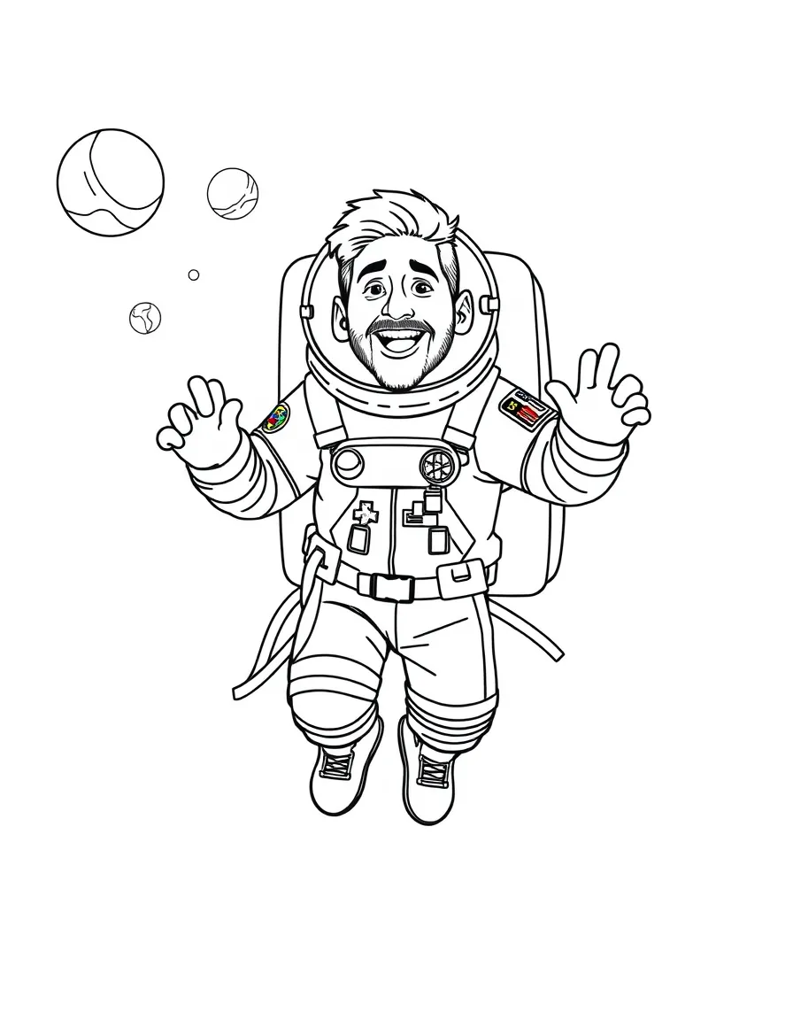 Lionel Messi exploring space in an astronaut suit – a fun and kid-friendly coloring page.