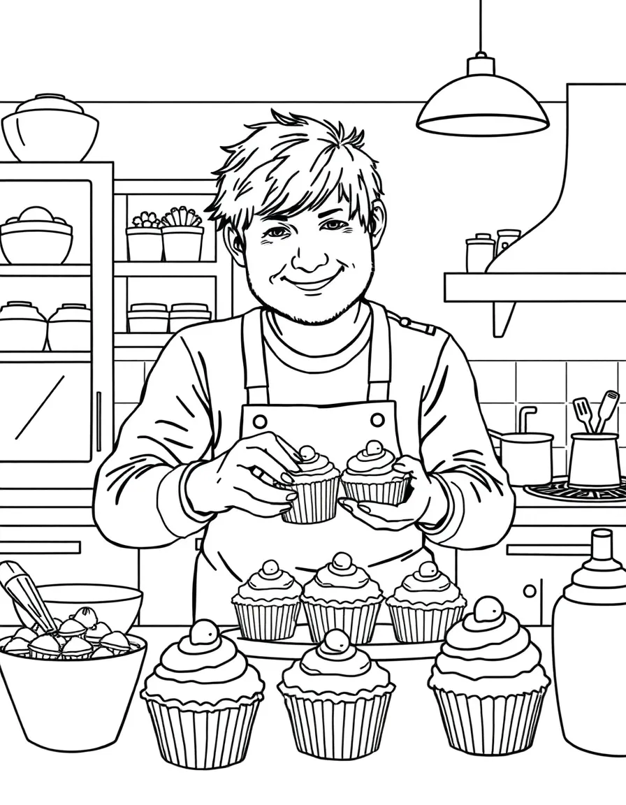 Ed Sheeran baking cupcakes in a colorful kitchen – a fun and kid-friendly coloring page.