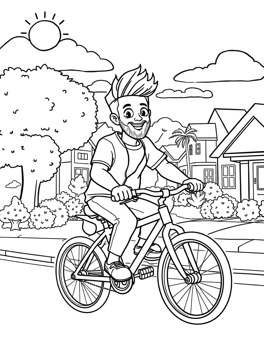 PewDiePie riding a bicycle through a sunny neighborhood – a fun and kid-friendly coloring page.