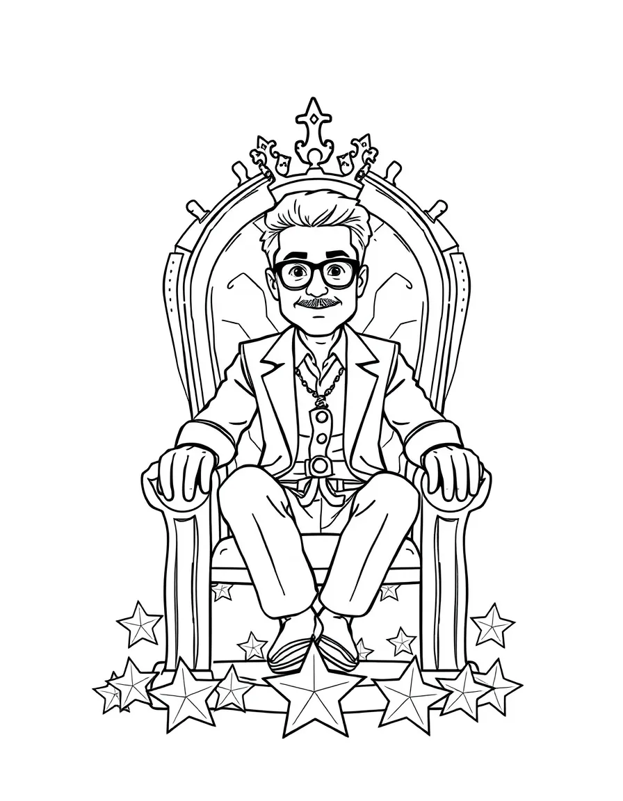 Robert Downey Jr. sitting on a throne made of stars with a crown – a fun and kid-friendly coloring page.