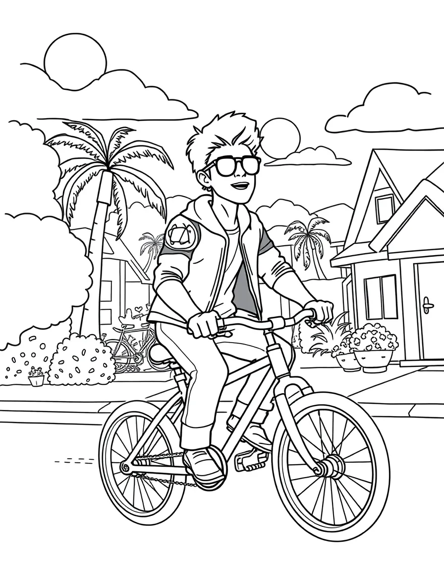 Bruno Mars riding a bicycle through a sunny neighborhood – a fun and kid-friendly coloring page.