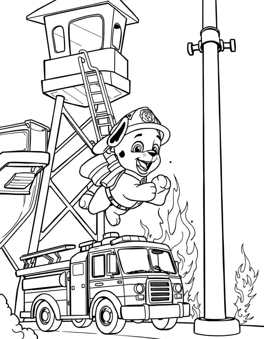 Marshall the fire pup sliding down a fire pole at the Lookout tower, wearing his firefighter helmet, with his fire truck waiting below and flames to extinguish in the distance