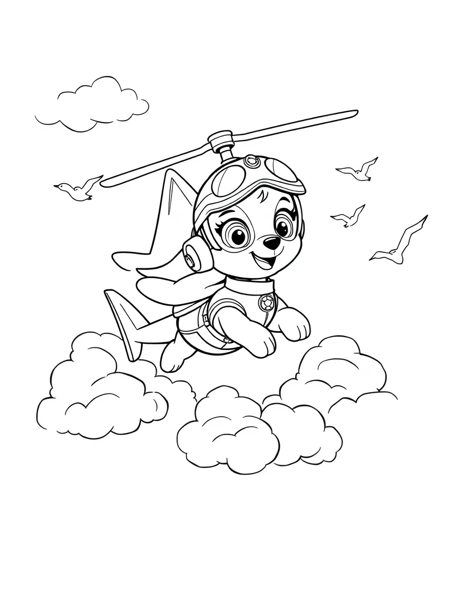 Skye the aviation pup flying her helicopter above fluffy clouds, wearing her pilot goggles and pink uniform, with birds flying alongside her