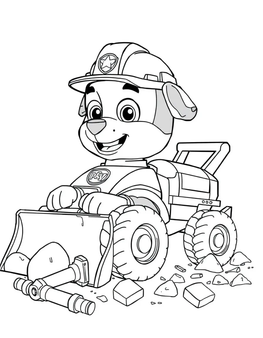 Rubble the construction pup operating his yellow bulldozer to clear rocks and debris, wearing his hard hat, with construction tools scattered around