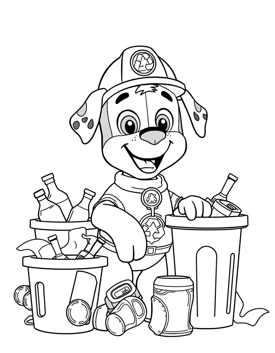 Rocky the recycling pup sorting recyclables into different bins, wearing his green uniform and hard hat, surrounded by bottles, cans, and paper