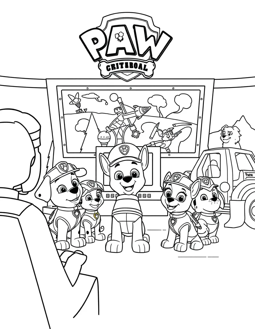 Ryder and all the PAW Patrol pups gathered around their mission control screen at the Lookout, with their vehicles parked behind them