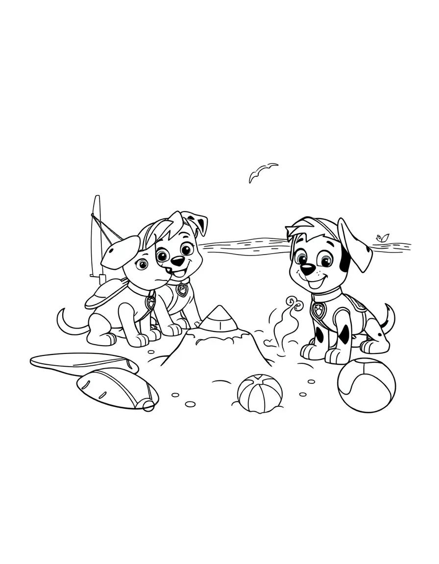 The PAW Patrol pups having a beach day, building sandcastles and playing volleyball, with surfboards and beach balls scattered on the sand
