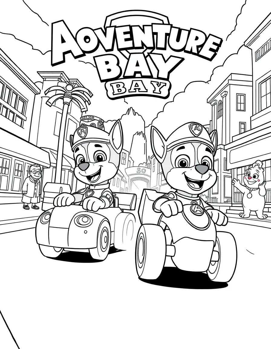 Chase and Marshall racing their vehicles through Adventure Bay's streets, with Mayor Goodway and Chickaletta cheering from the sidewalk
