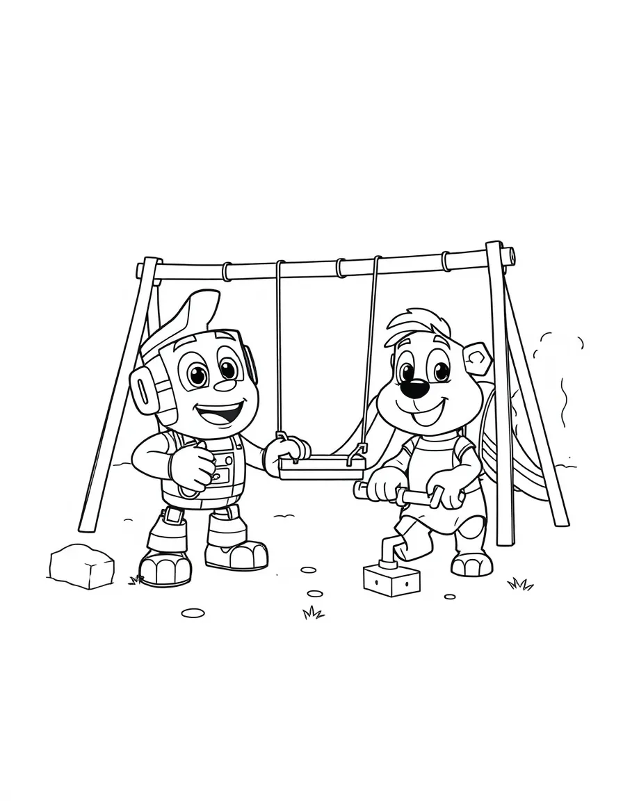 Rubble and Rocky working together to build a new playground, with swing sets, slides, and see-saws taking shape around them
