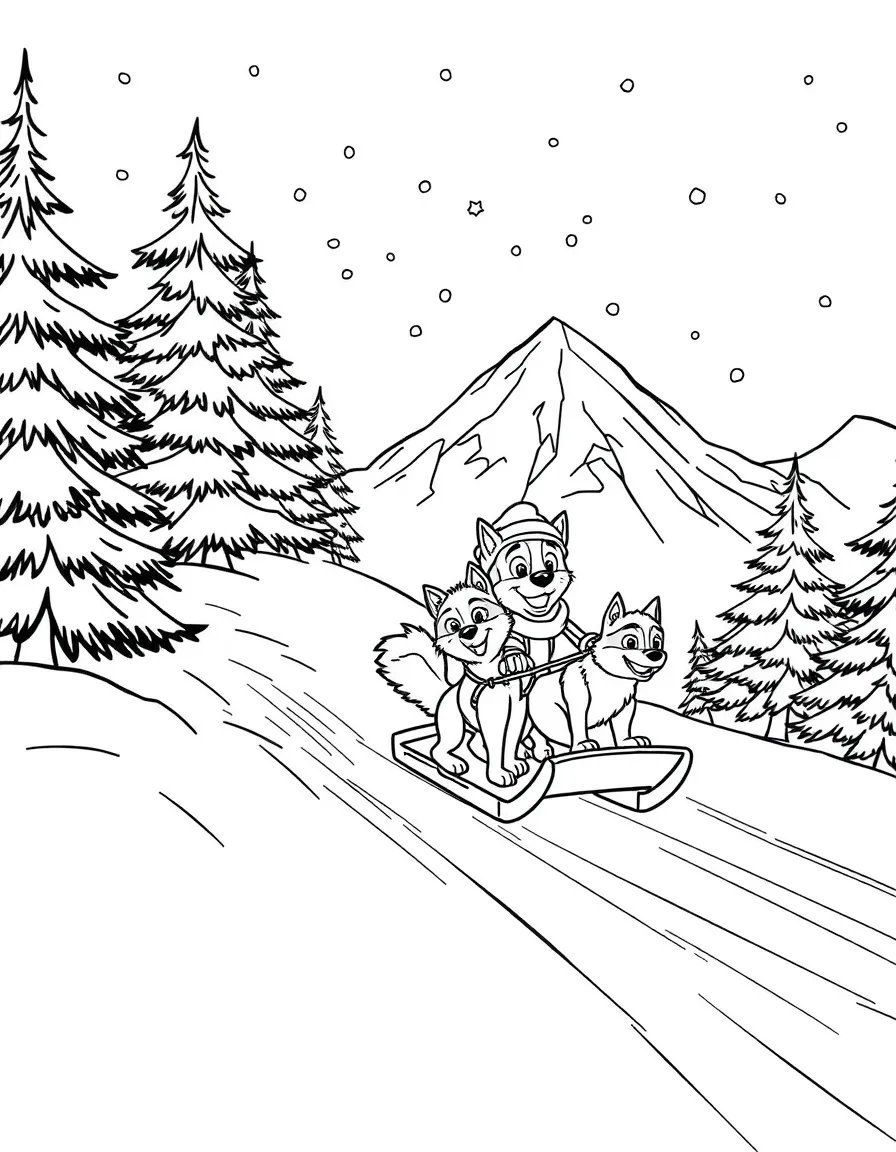 Everest and Jake sledding down Jake's Mountain with their husky companions, snowflakes falling and evergreen trees lining the path