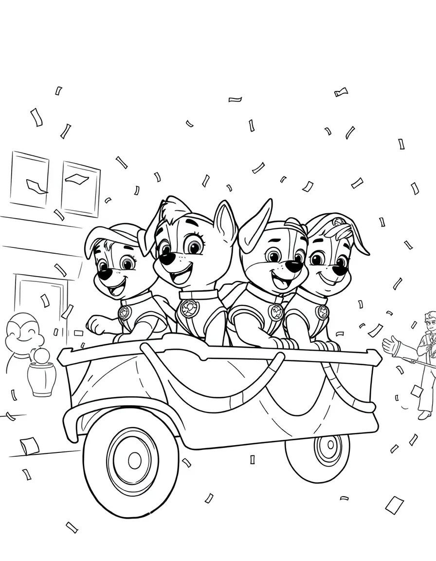 The pups participating in Adventure Bay's annual parade, riding decorated floats with confetti and streamers everywhere
