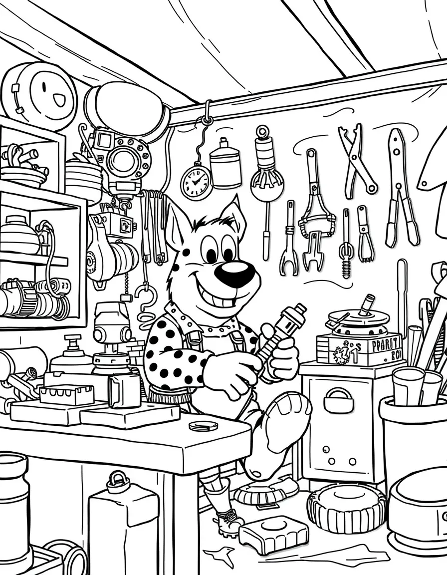 Rocky creating new toys and gadgets from recycled materials in his workshop, with inventions and tools hanging on the walls