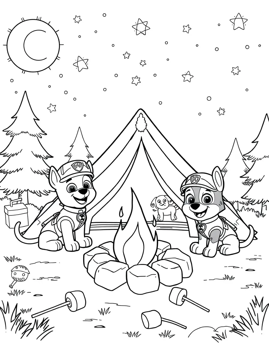 The PAW Patrol pups camping under the stars, with their tents set up around a campfire, marshmallows roasting on sticks