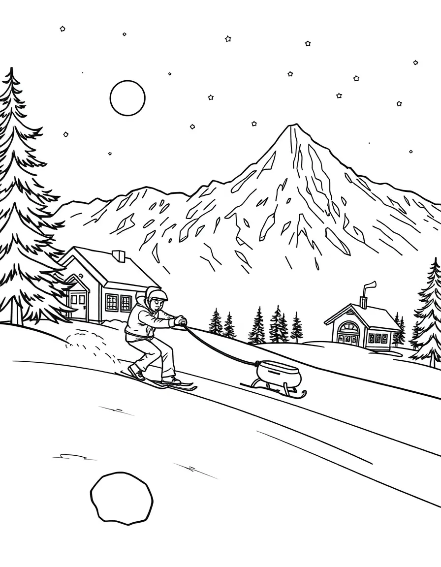 Everest skiing down a slope while pulling a rescue sled, with snow-covered mountains and a cozy cabin in the background