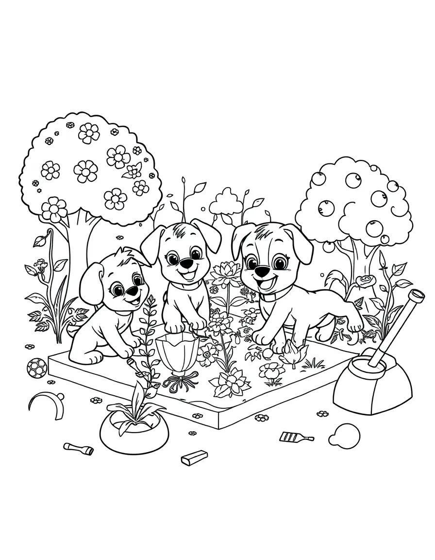 All pups working together to plant a community garden, with flowers, vegetables, and fruit trees, gardening tools scattered around