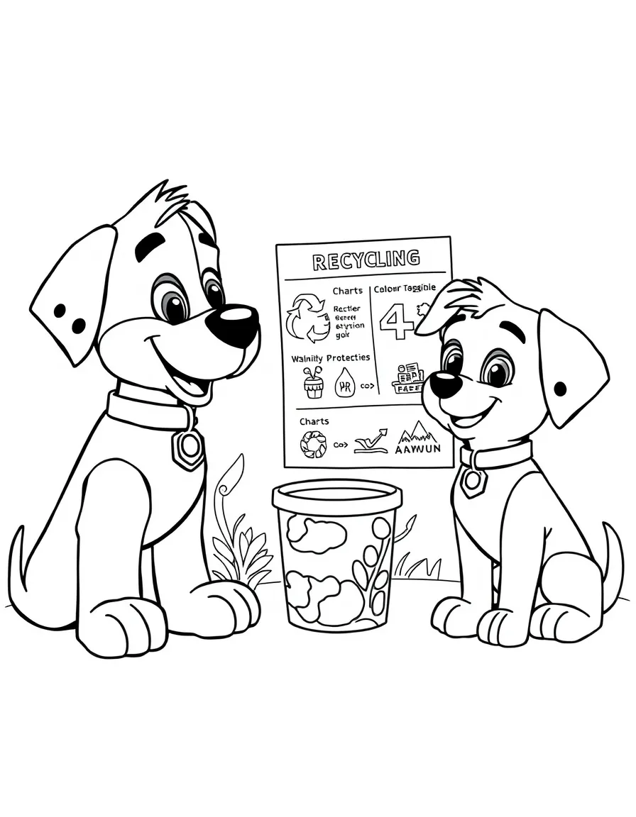 Rocky teaching the other pups about recycling and environmental protection, with charts and examples of eco-friendly practices