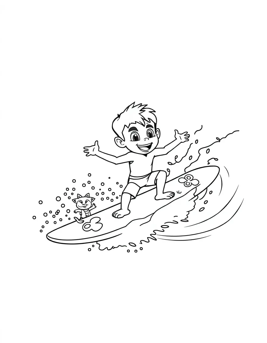 Zuma surfing on big waves at Adventure Bay beach, with his surfboard decorated with paw prints and sea creatures cheering