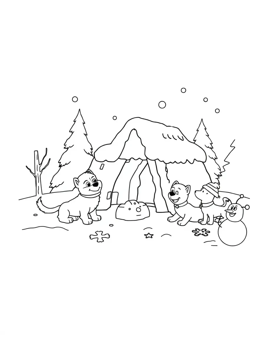 Everest and the pups building a snow fort and having a friendly snowball fight, with snow angels and a snowman nearby