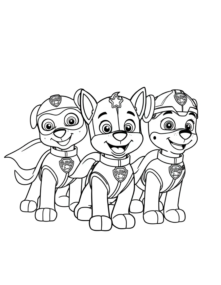 All PAW Patrol pups dressed in superhero costumes, striking heroic poses with capes flowing and masks gleaming