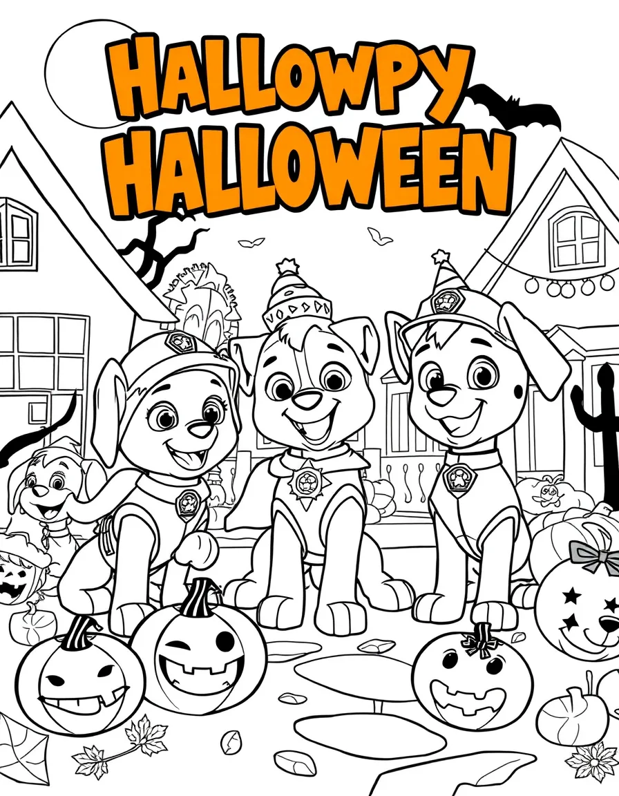 The pups celebrating Halloween in Adventure Bay, wearing creative costumes and trick-or-treating at decorated houses
