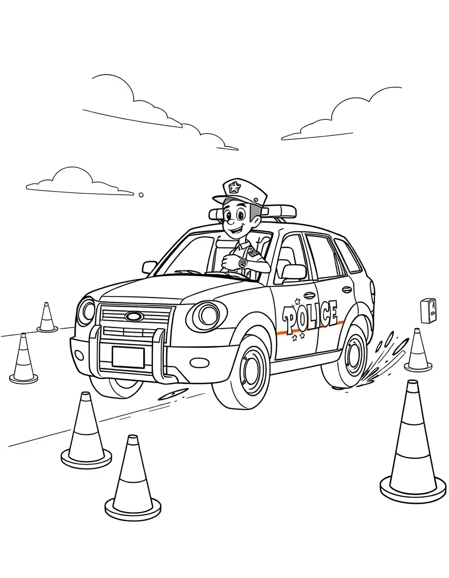 Chase training with obstacle courses, jumping through hoops and weaving between cones with his police cruiser