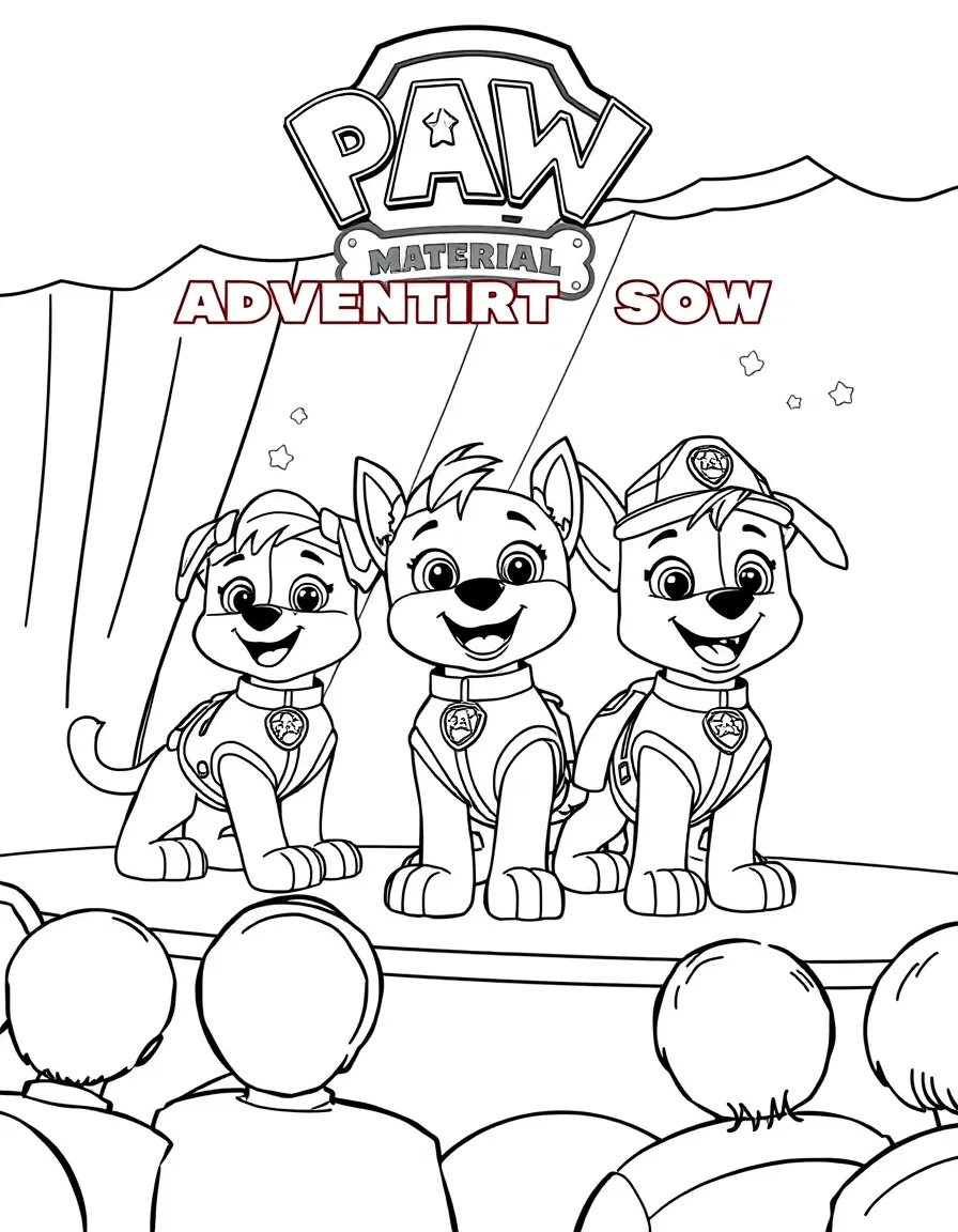 The PAW Patrol pups performing in Adventure Bay's talent show, each showcasing their special skills and abilities