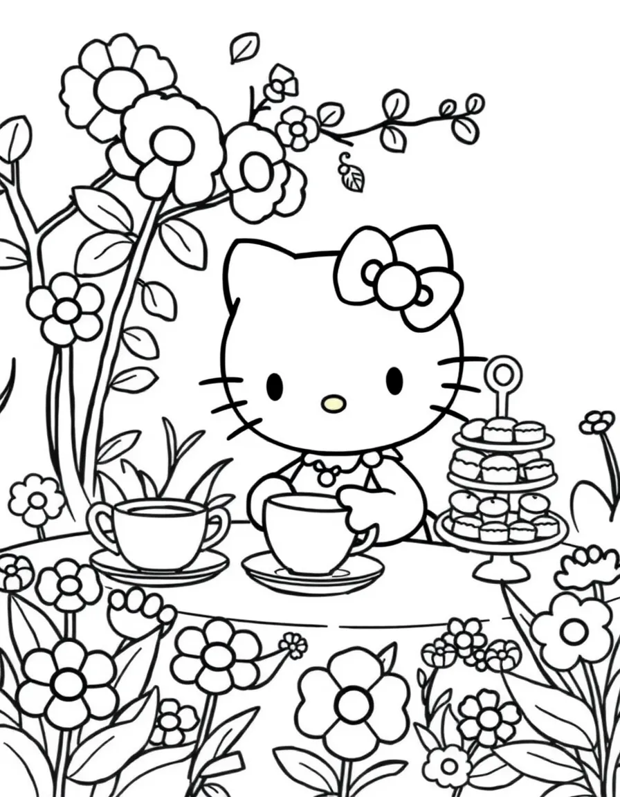 Hello Kitty having a tea party in her garden with colorful teacups, saucers, and a tiered cake stand full of treats