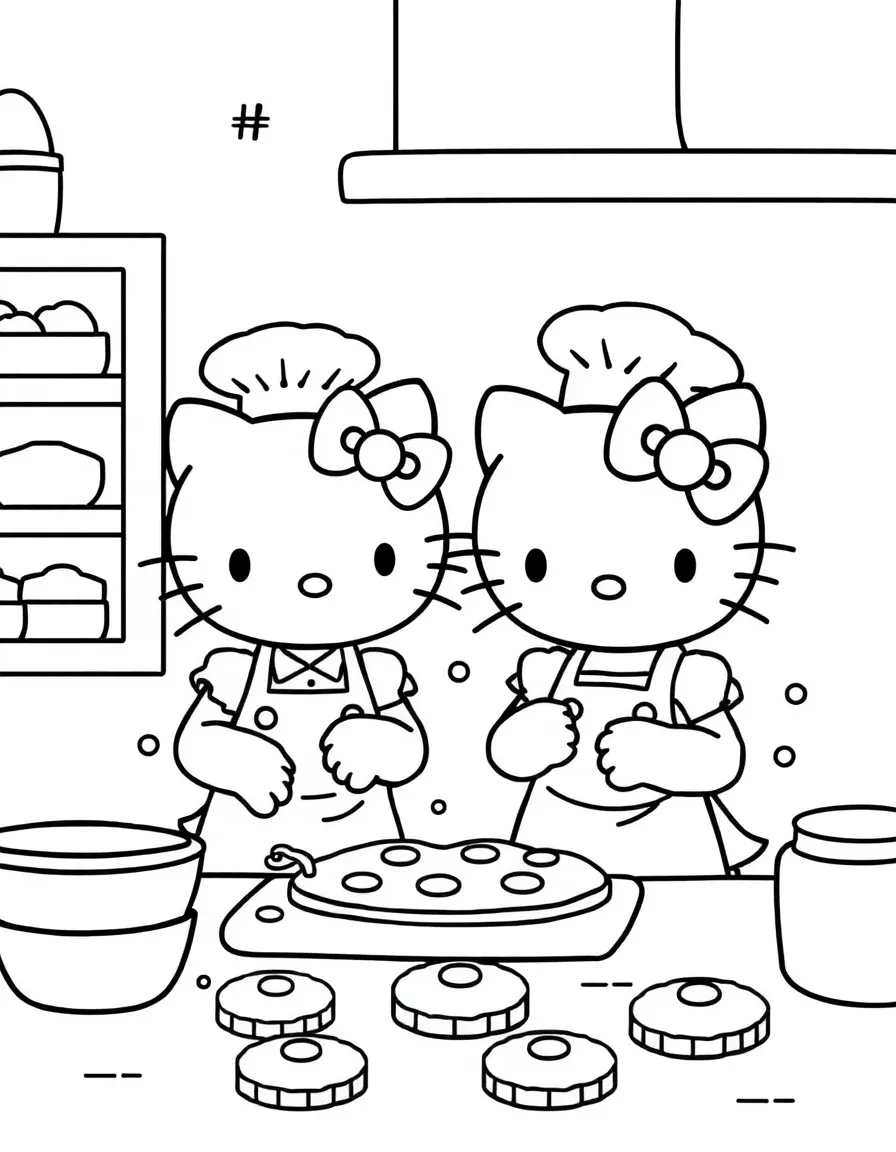 Hello Kitty and her twin sister Mimmy baking cookies in their kitchen, wearing aprons and chef hats, with flour everywhere