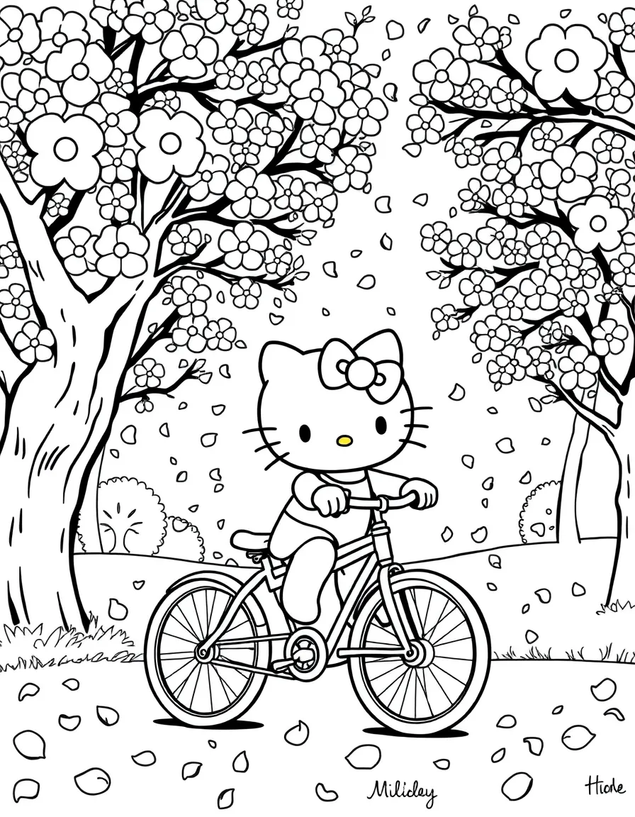 Hello Kitty riding a bicycle through a park filled with cherry blossom trees, with petals falling like snow around her