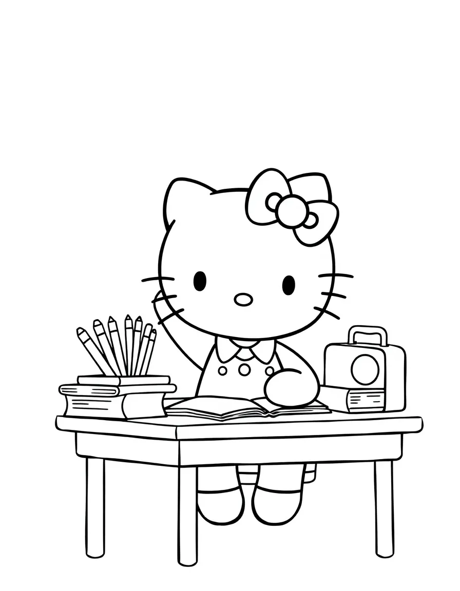 Hello Kitty at school sitting at her desk with books, pencils, and a cute lunch box, raising her hand to answer a question