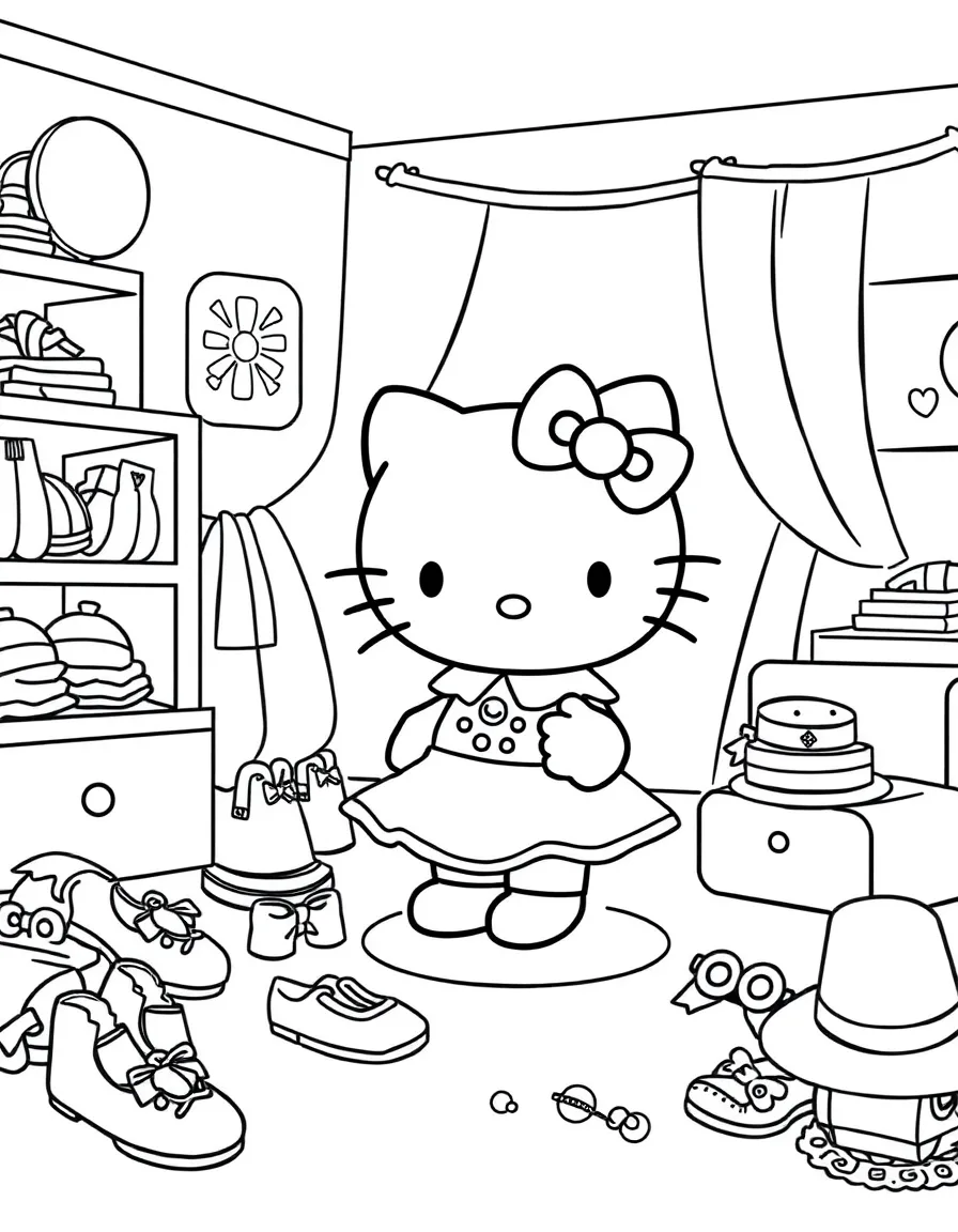 Hello Kitty playing dress-up in her room, trying on different outfits with shoes, hats, and accessories scattered around