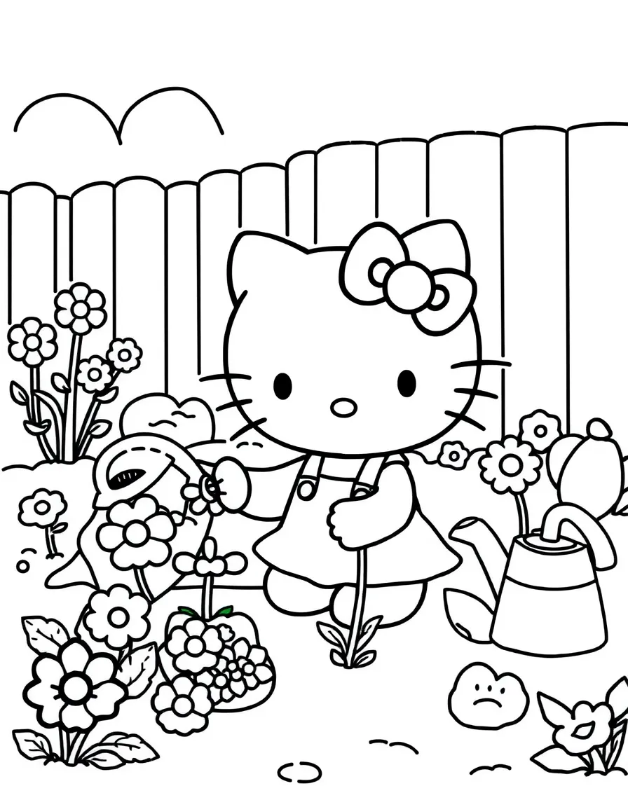 Hello Kitty gardening in her backyard, planting flowers and vegetables, with a watering can and garden tools nearby