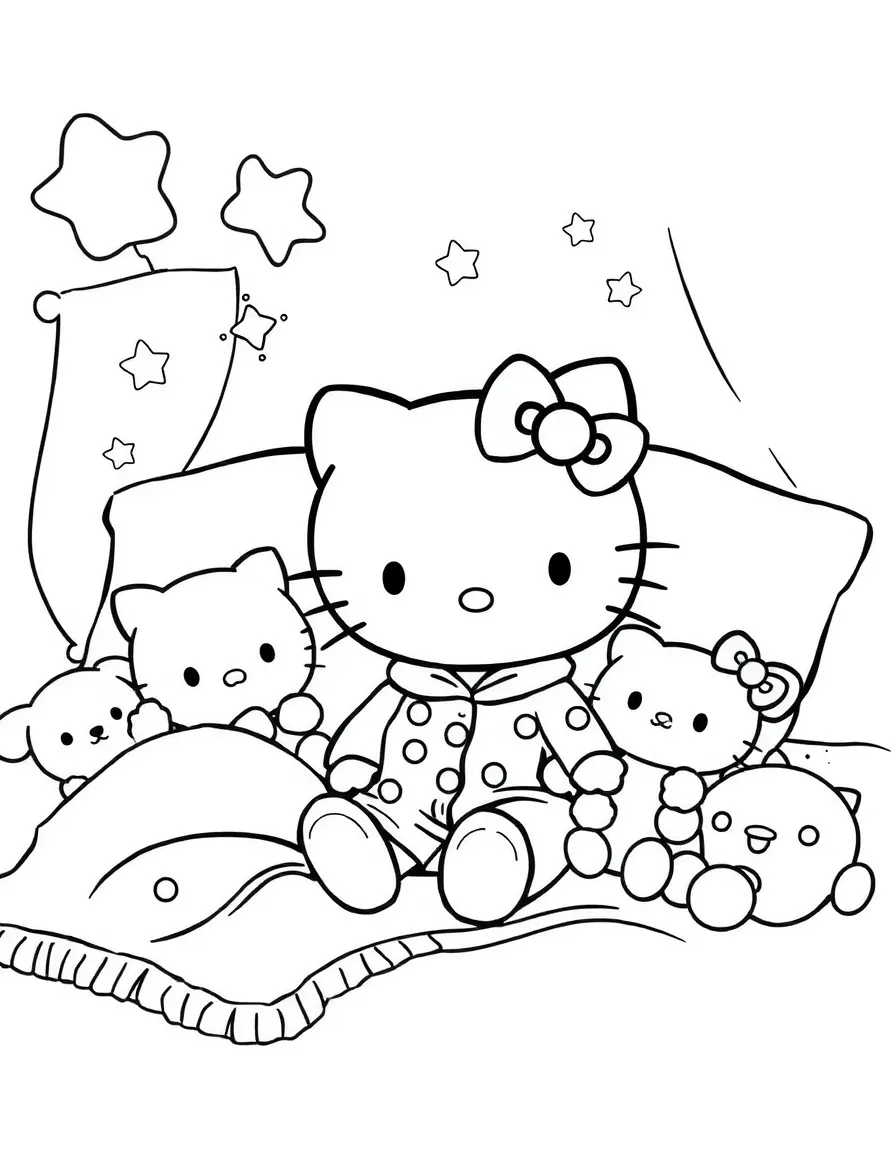 Hello Kitty having a sleepover with friends, wearing pajamas and surrounded by pillows, blankets, and stuffed animals