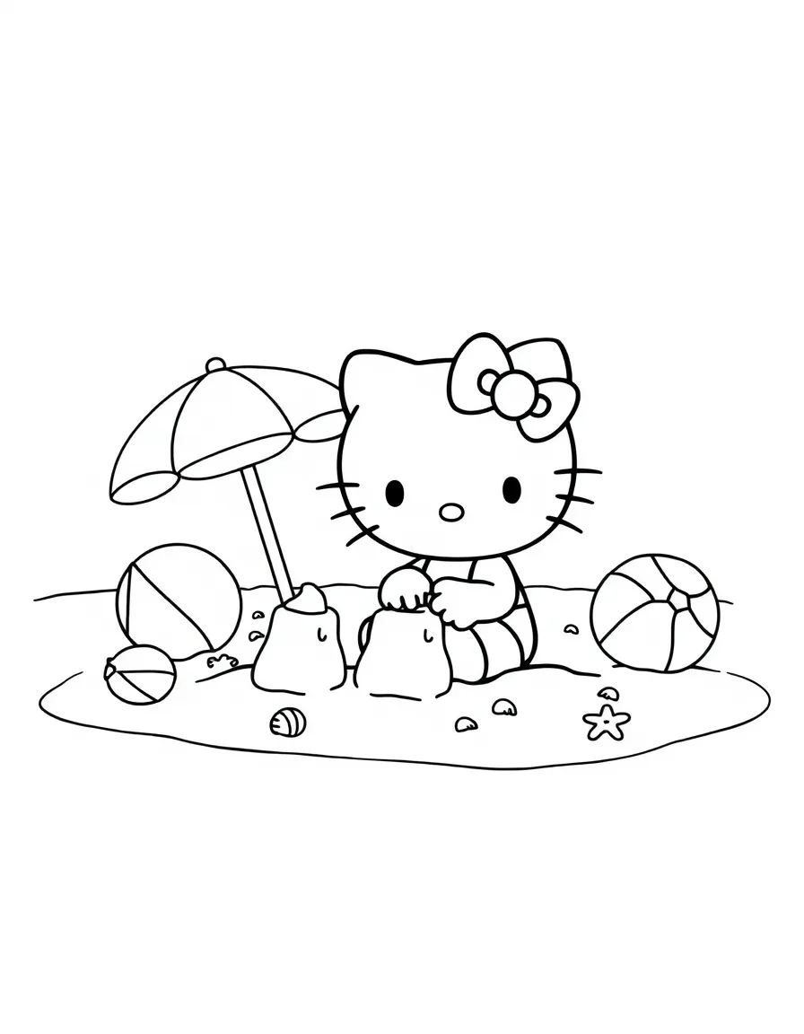 Hello Kitty at the beach building sandcastles, with beach balls, umbrellas, and seashells decorating the shore