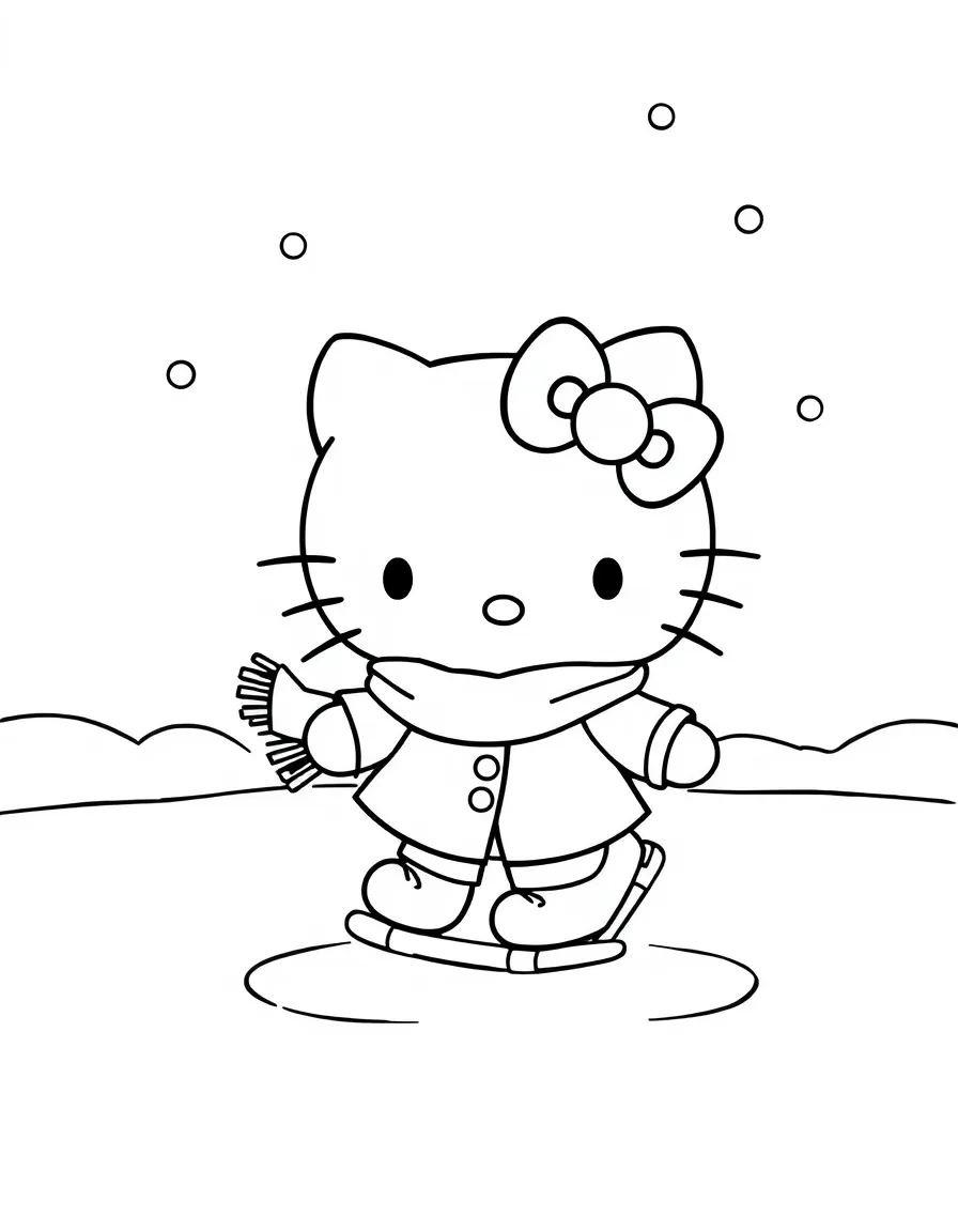 Hello Kitty ice skating on a frozen pond, wearing a warm winter coat and scarf, with snowflakes gently falling