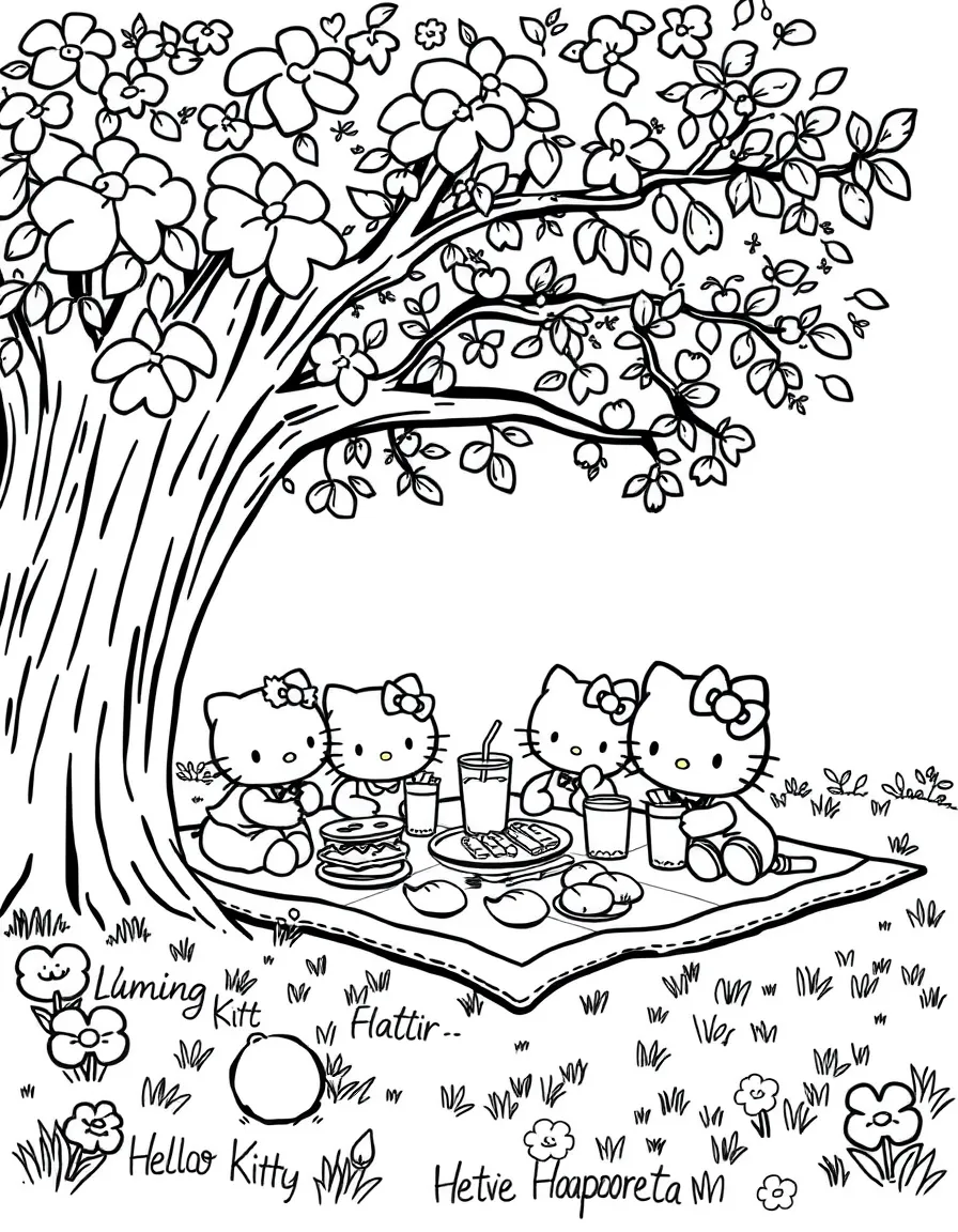 Hello Kitty and her friends having a picnic under a large tree, with sandwiches, fruit, and lemonade spread out