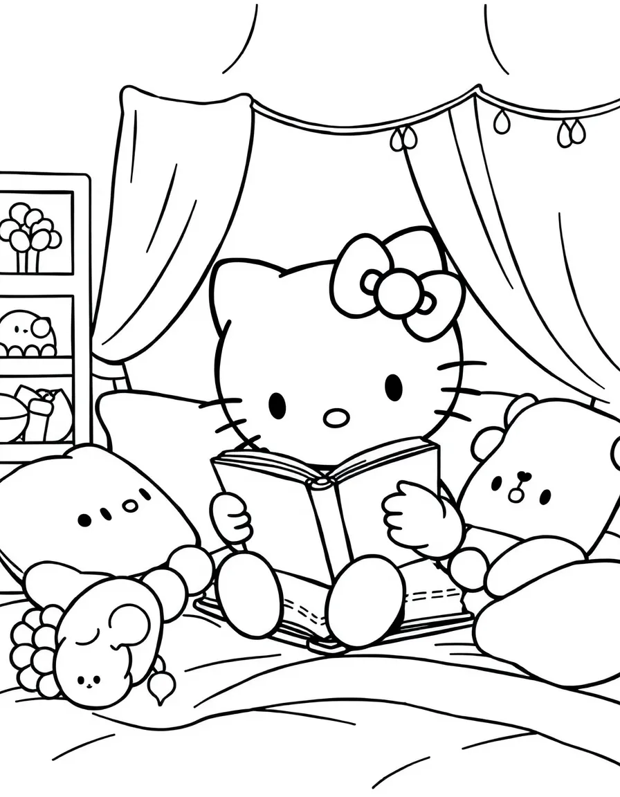 Hello Kitty reading a book in her cozy bedroom, surrounded by her favorite stuffed animals and soft pillows