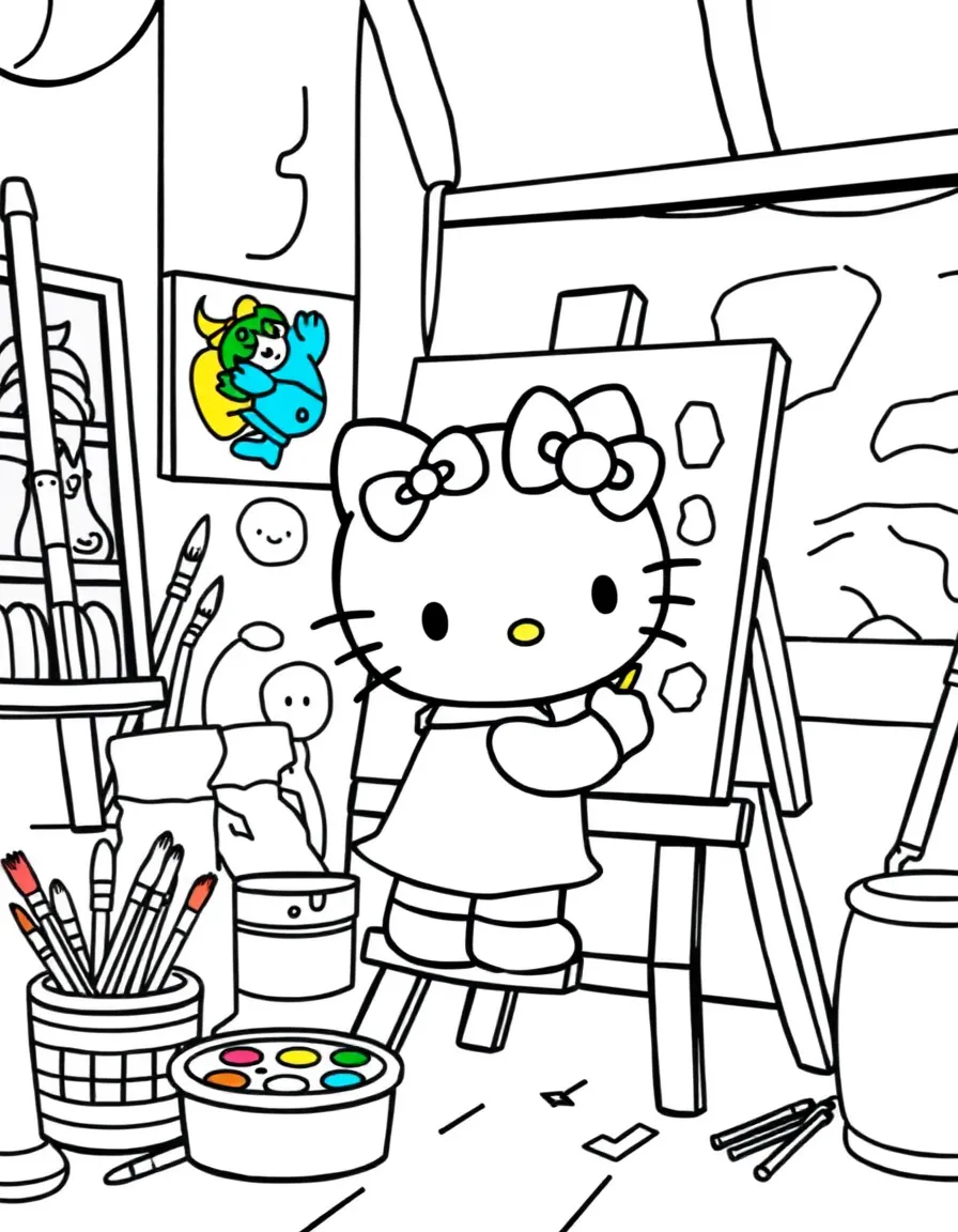 Hello Kitty painting a picture on an easel in an art studio, with paintbrushes, palettes, and colorful artwork around