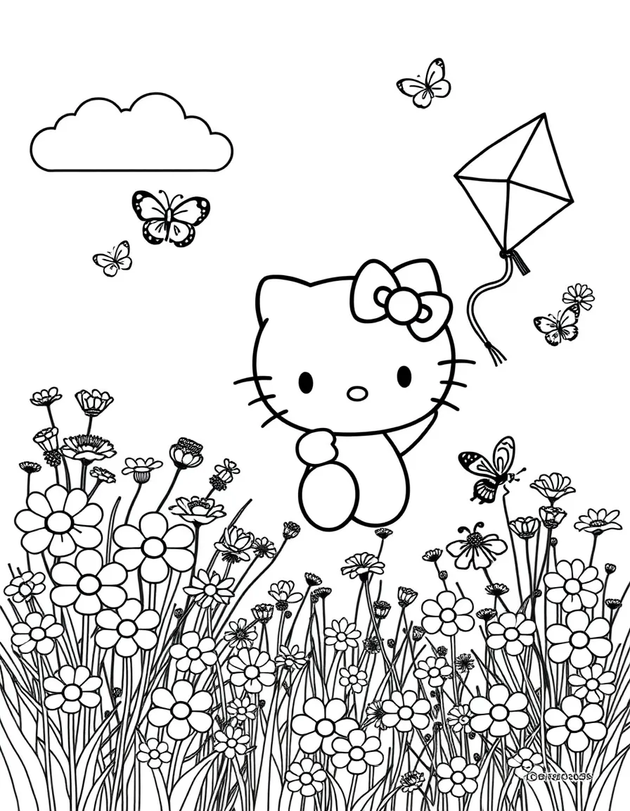 Hello Kitty flying a kite in a meadow full of wildflowers, with butterflies and bees buzzing around the blooms