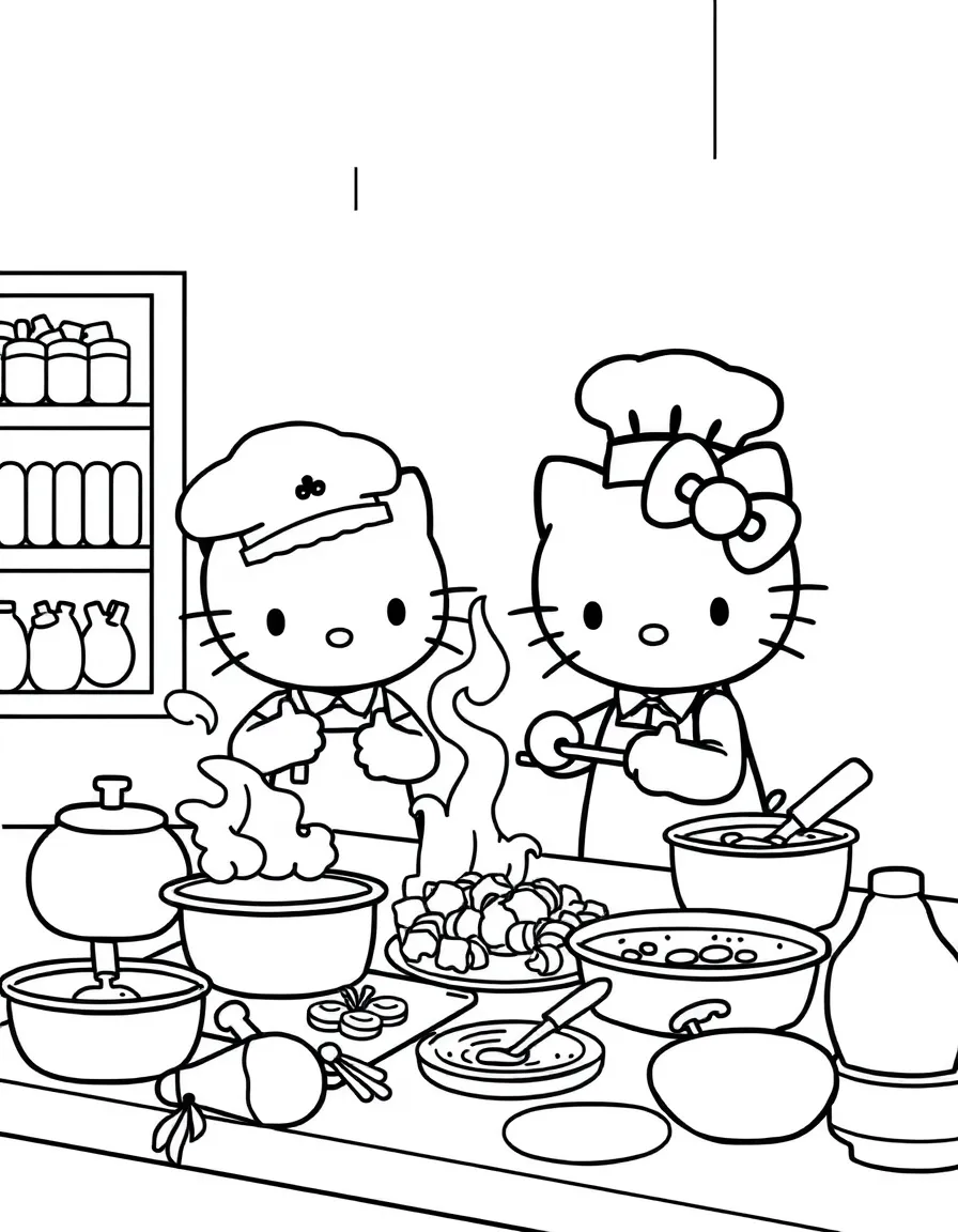 Hello Kitty and Papa cooking dinner together in the kitchen, with pots, pans, and ingredients spread across the counter