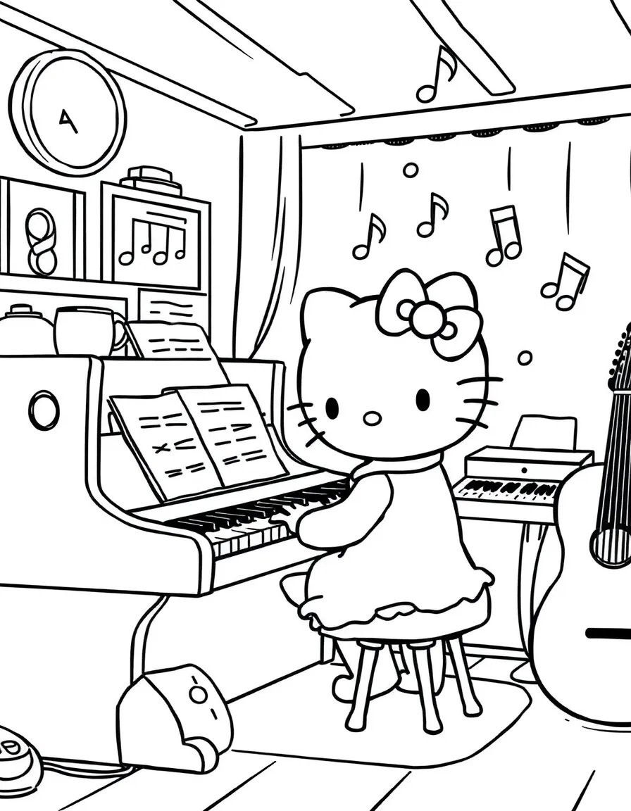 Hello Kitty playing piano in her music room, with sheet music, other instruments, and musical notes floating around