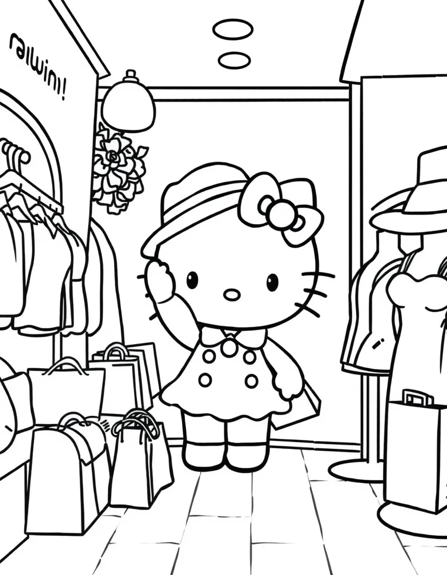 Hello Kitty shopping at a cute boutique, trying on hats and accessories, with shopping bags and mannequins nearby