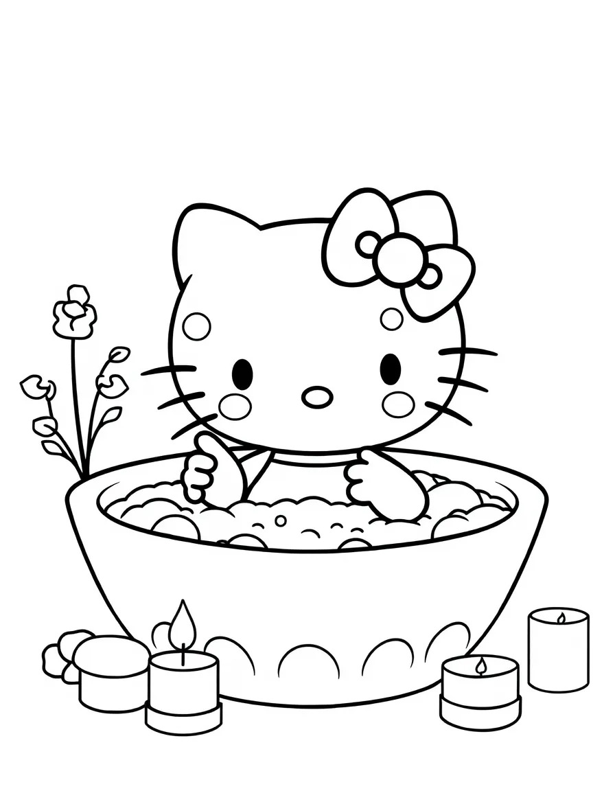 Hello Kitty having a spa day with face masks, nail polish, and relaxing in a bubble bath surrounded by candles